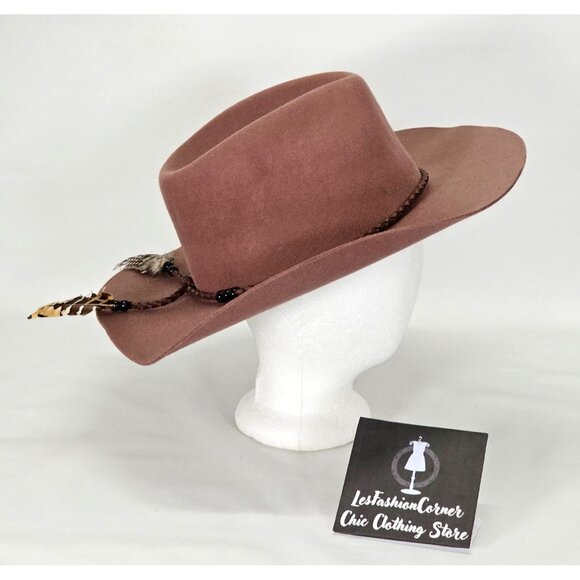 NWOT Brooklyn Hat Co.Deep Dusty Rose Felt Boho Fedora Feathers Leather Sz M 1622 - Picture 5 of 11